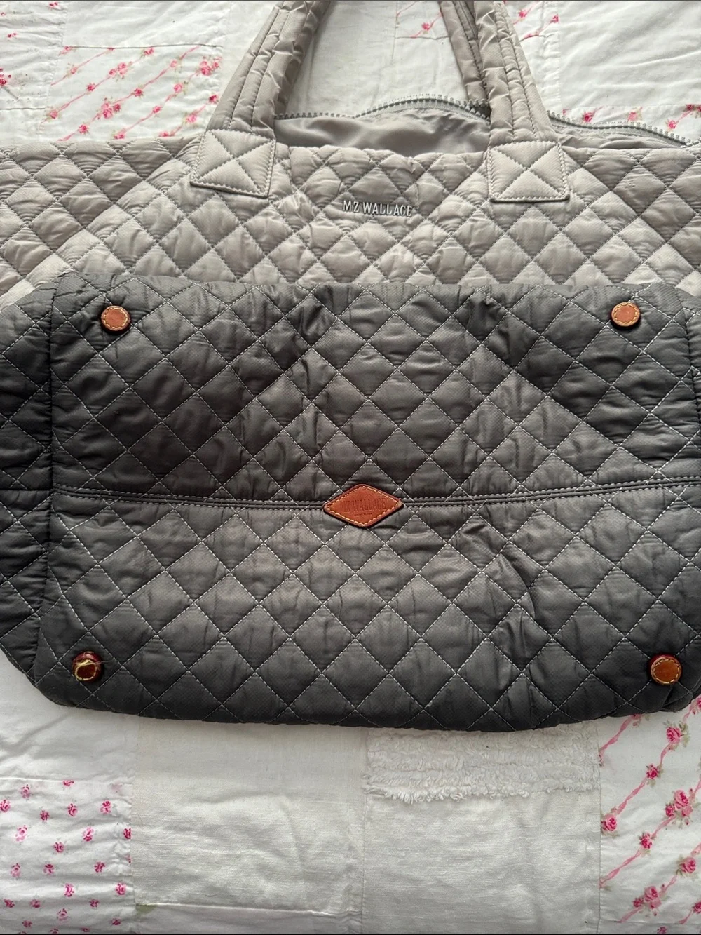 MZ Wallace Quilted Nylon Tote Bag — Light Gray/Dark Gray